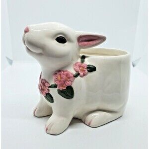 BloomRite Easter Bunny Hand Painted Pink Roses Ceramic  Planter Vintage Easter
